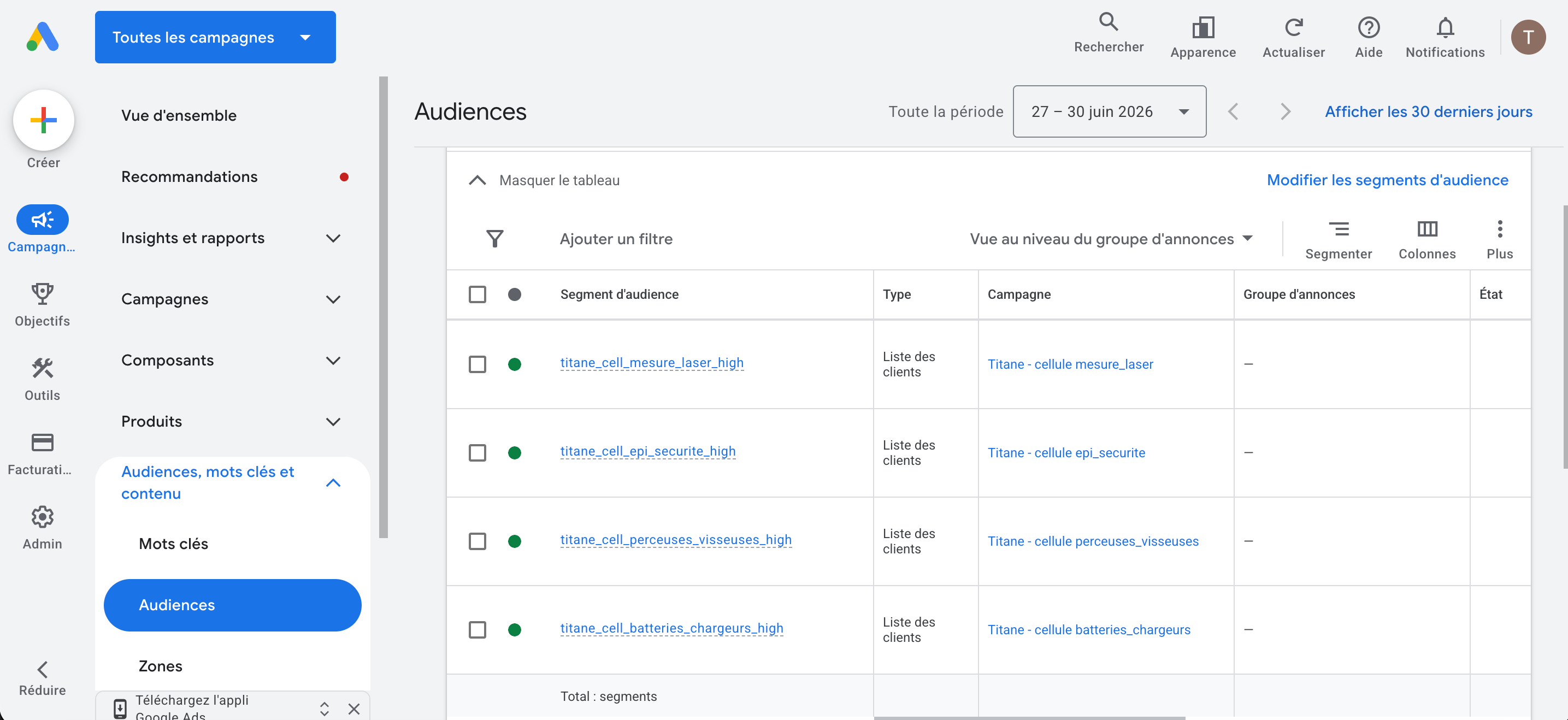 Gestionnaire de segments Google Ads avec les audiences Customer Match Titane