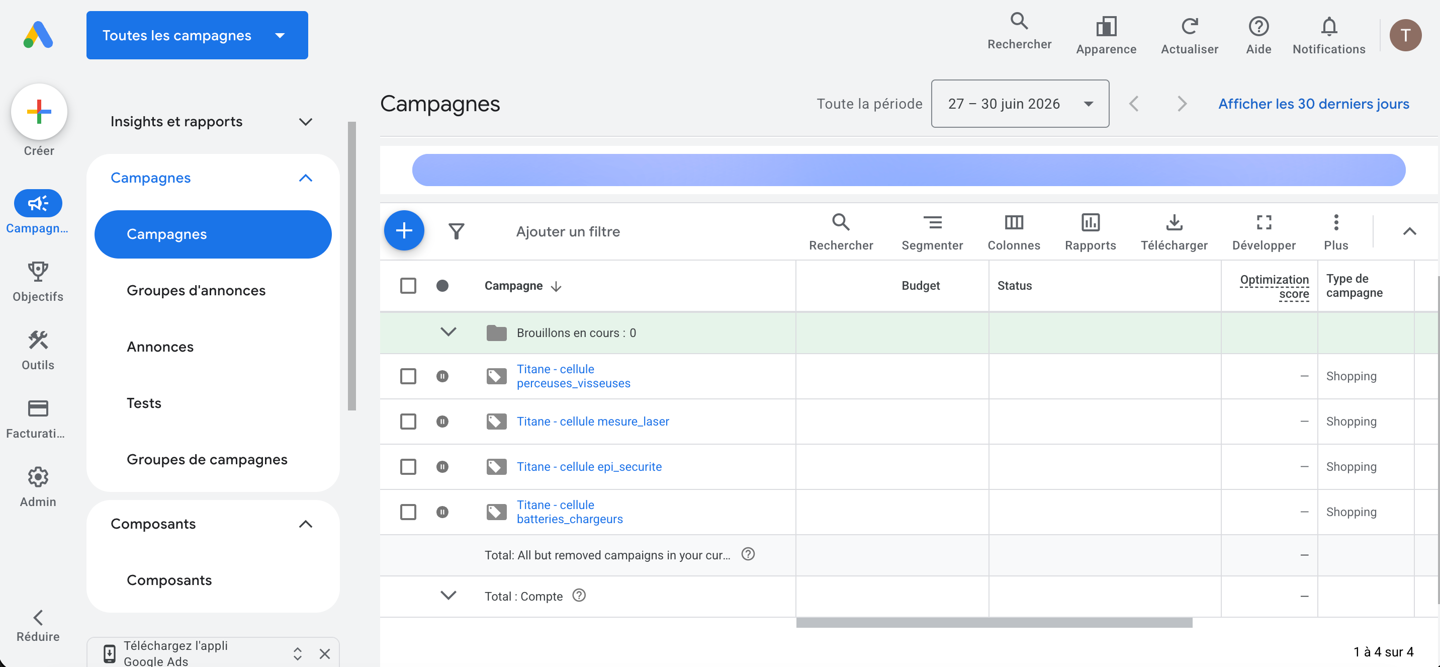 Liste des campagnes Shopping « Titane - cellule » dans Google Ads