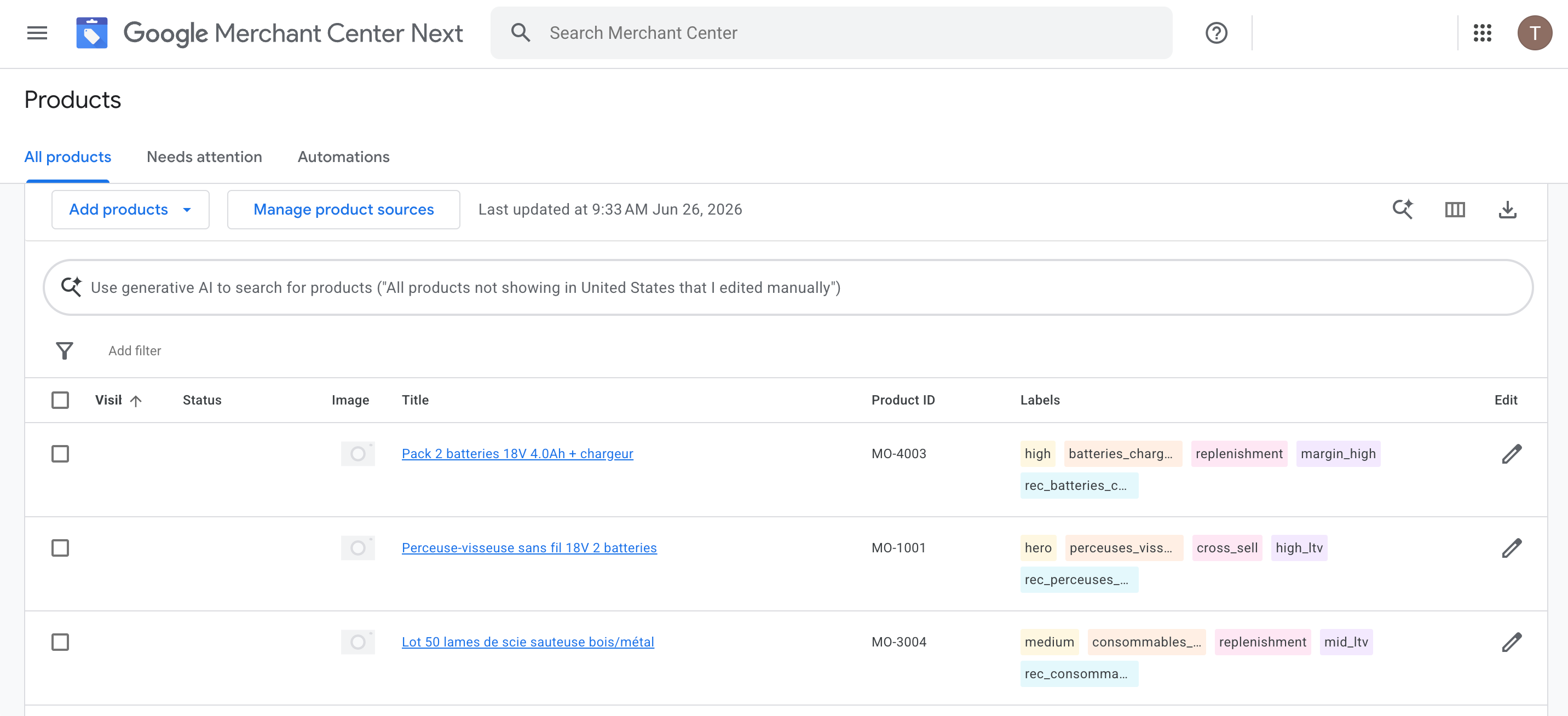 Liste des produits Merchant Center avec les custom labels Titane