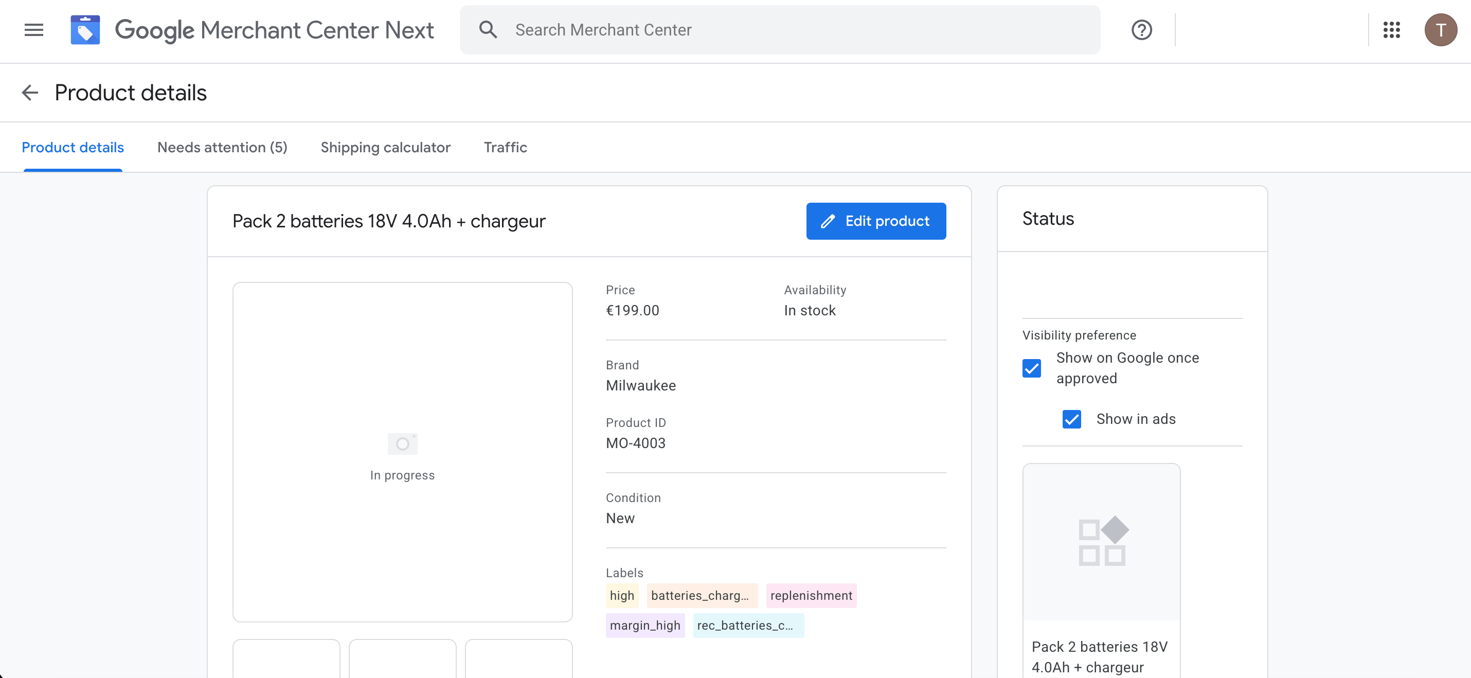 Détail d'un produit Merchant Center avec offerId et custom labels 0 à 4