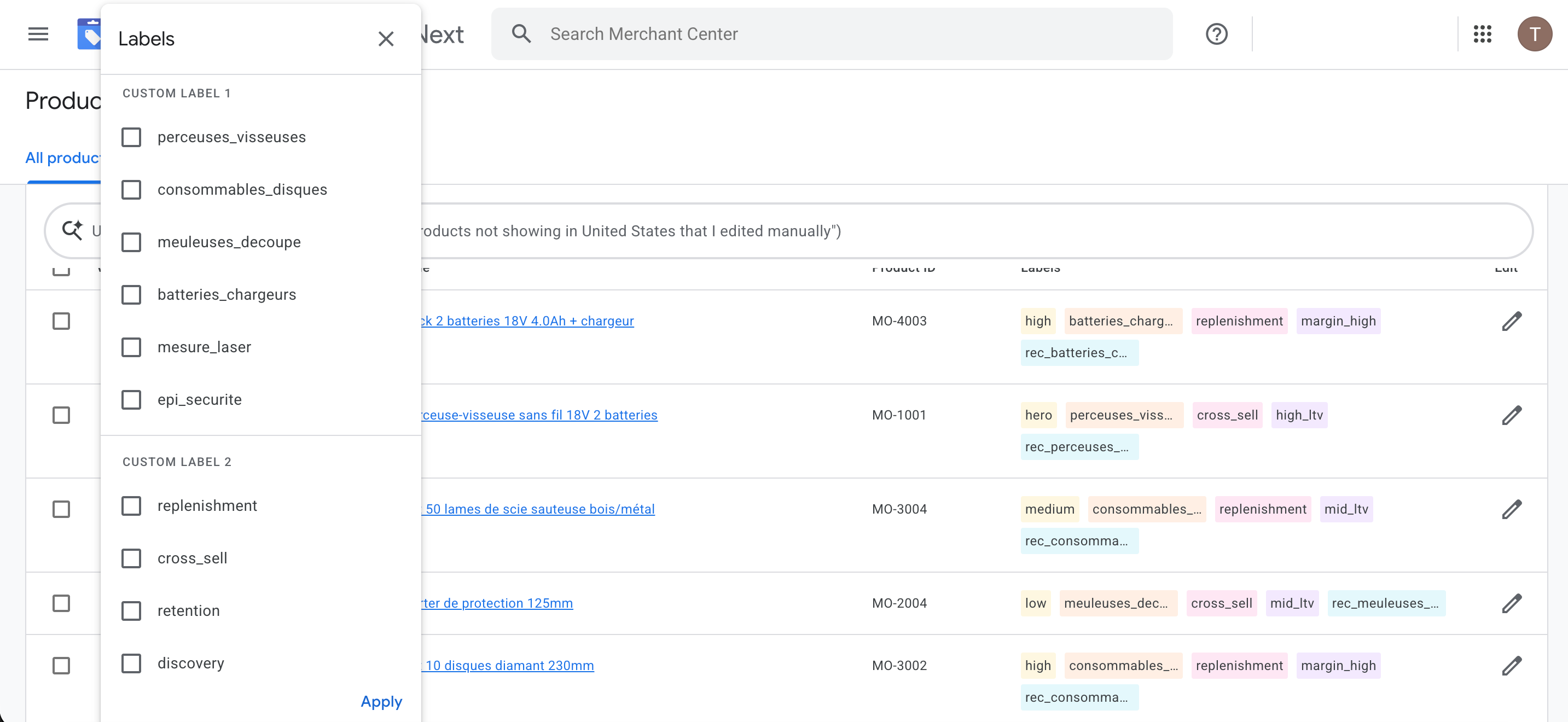 Filtre par custom label dans Merchant Center : pools et objectifs