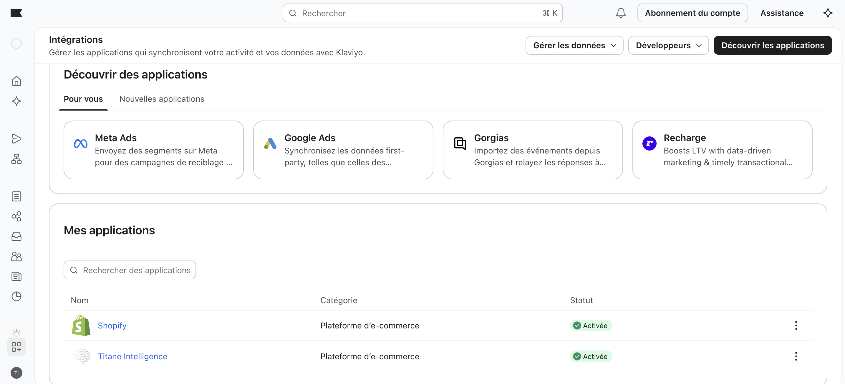 Titane Intelligence activé dans les intégrations Klaviyo