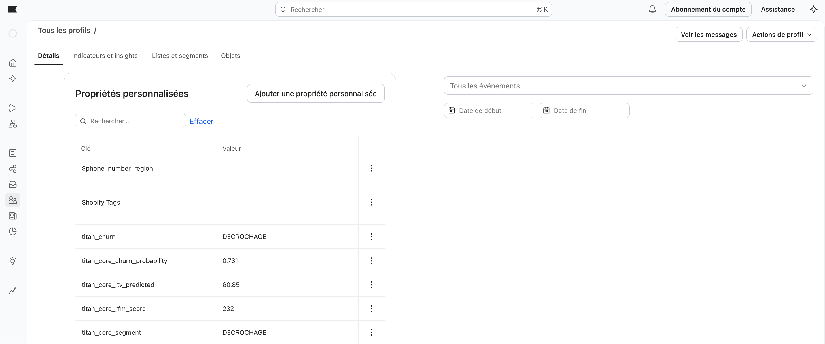 Propriétés personnalisées Titane sur un profil Klaviyo