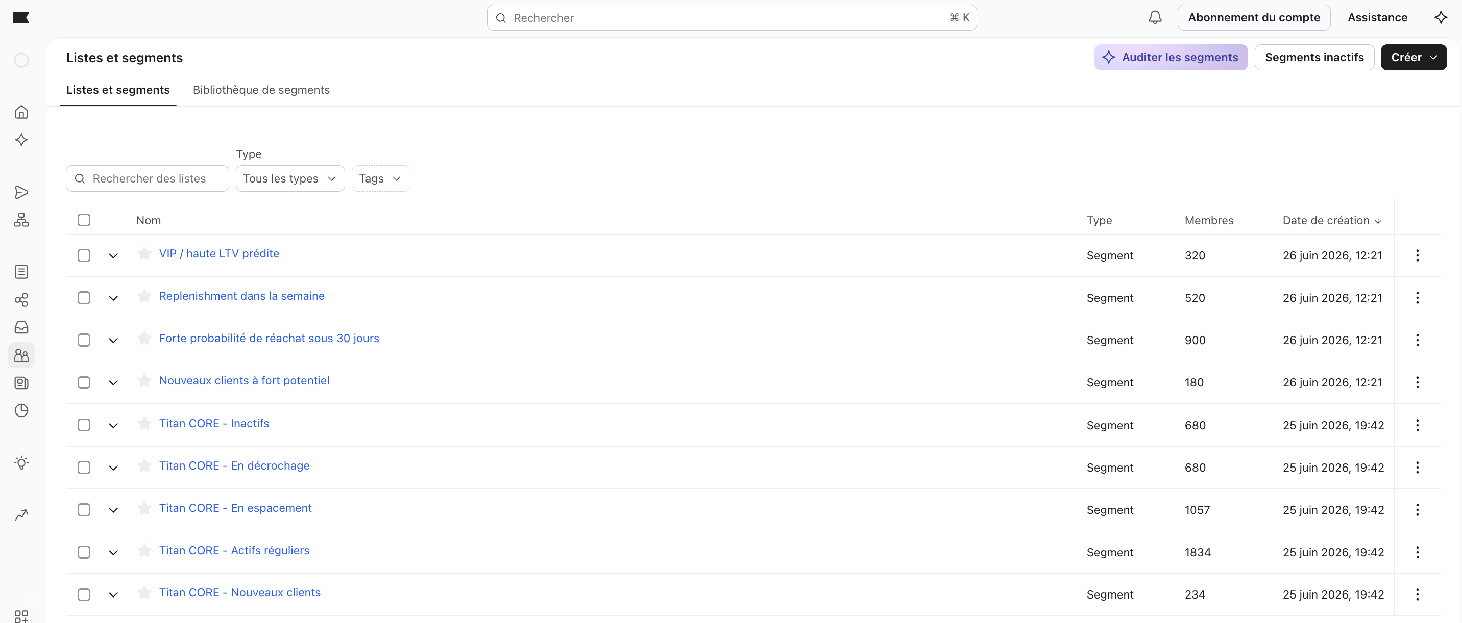 Liste des segments dynamiques générés par Titane dans Klaviyo