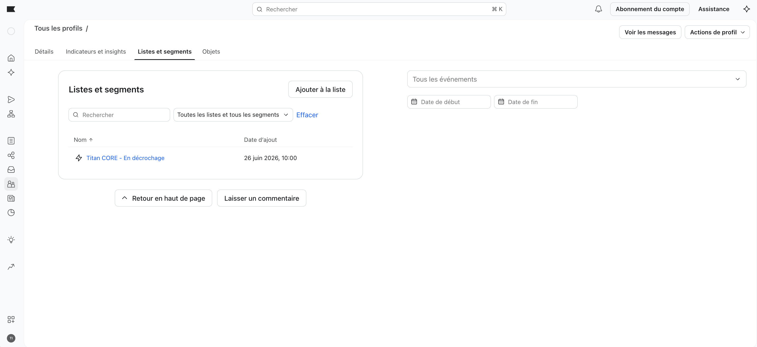 Appartenance d'un profil au segment Titan CORE – En décrochage