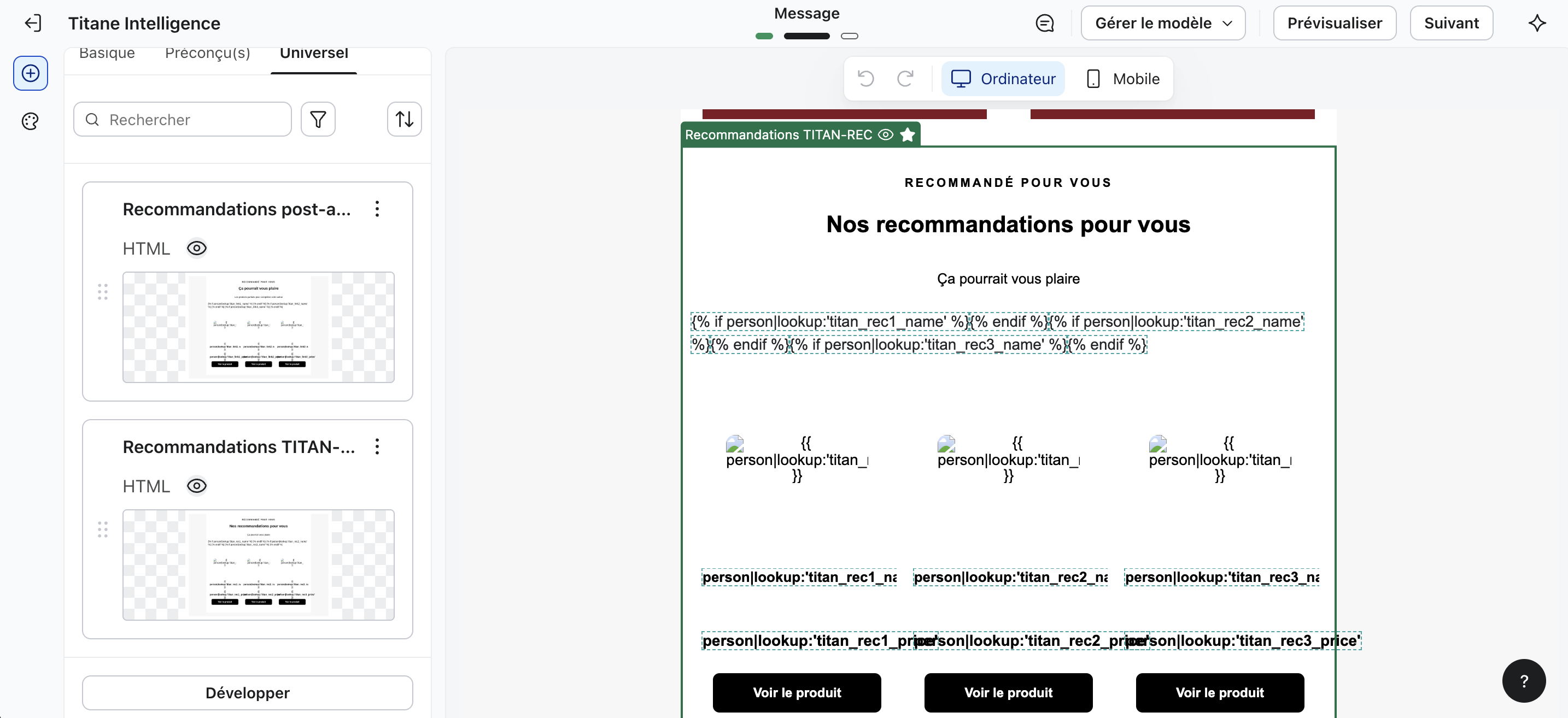 Bloc Recommandations TITAN-REC dans l'éditeur d'email Klaviyo