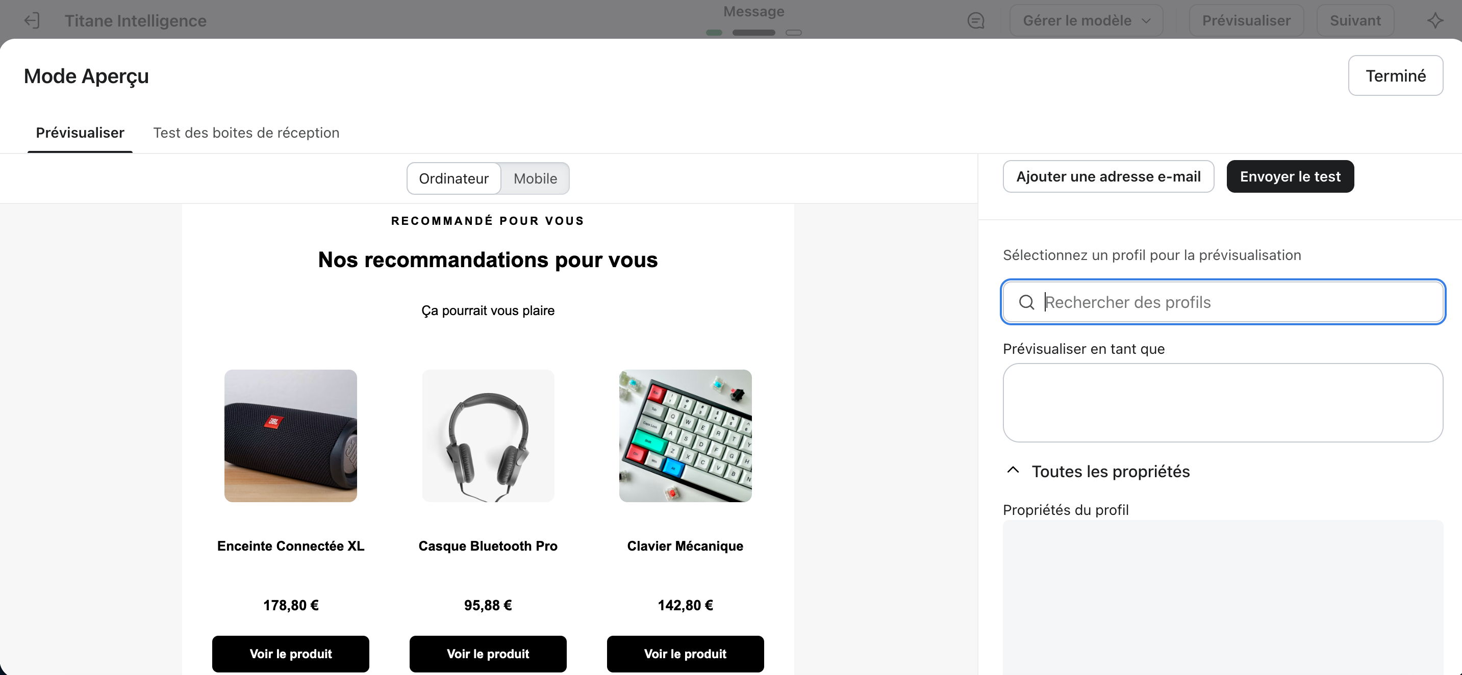 Aperçu de l'email avec recommandations personnalisées rendues