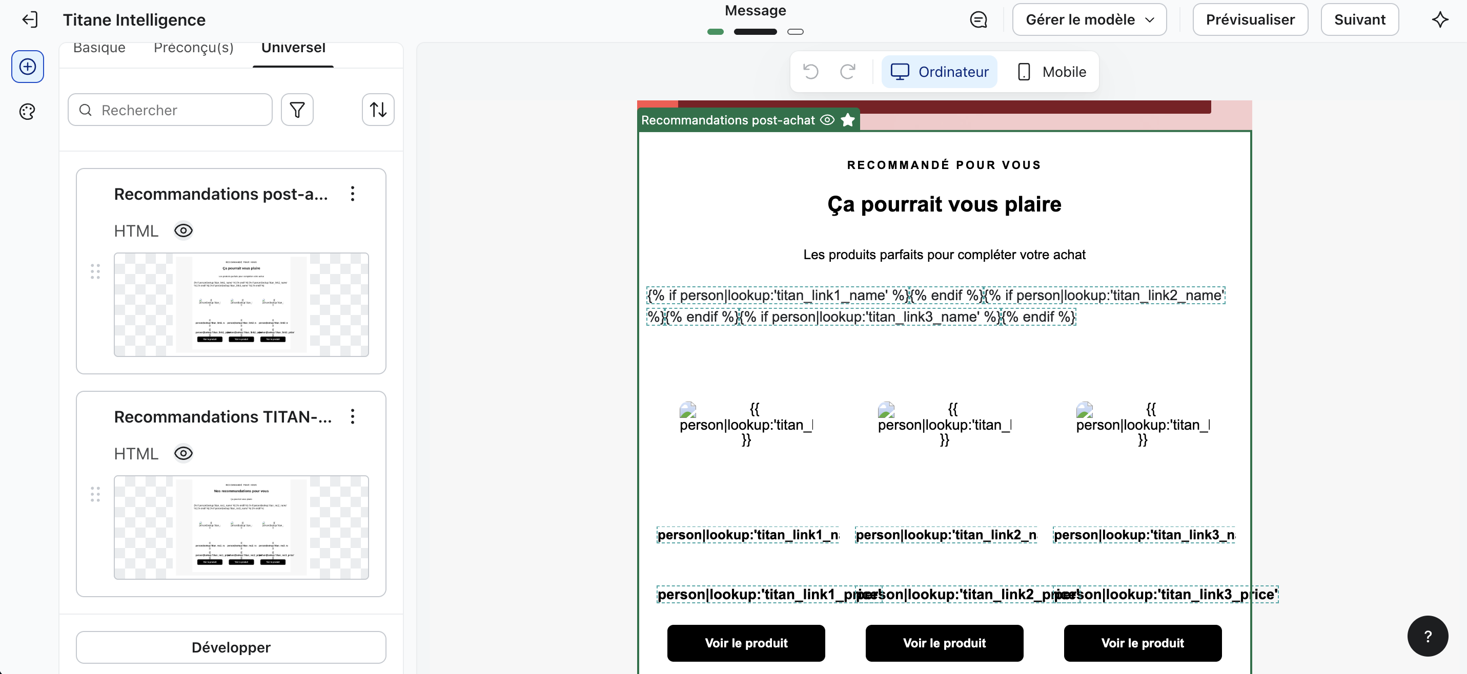 Bloc Recommandations post-achat dans l'éditeur Klaviyo