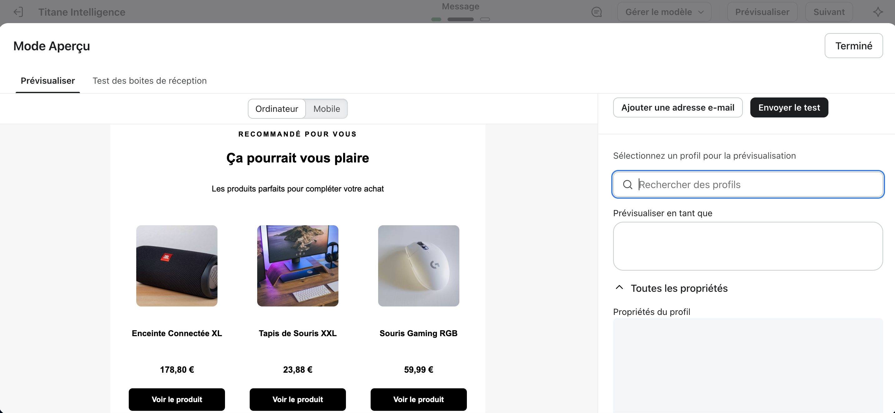 Aperçu du bloc de produits complémentaires post-achat