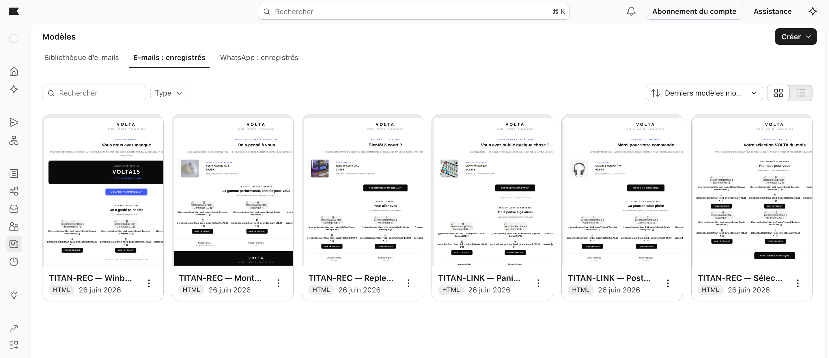 Bibliothèque de modèles d'emails Titane dans Klaviyo