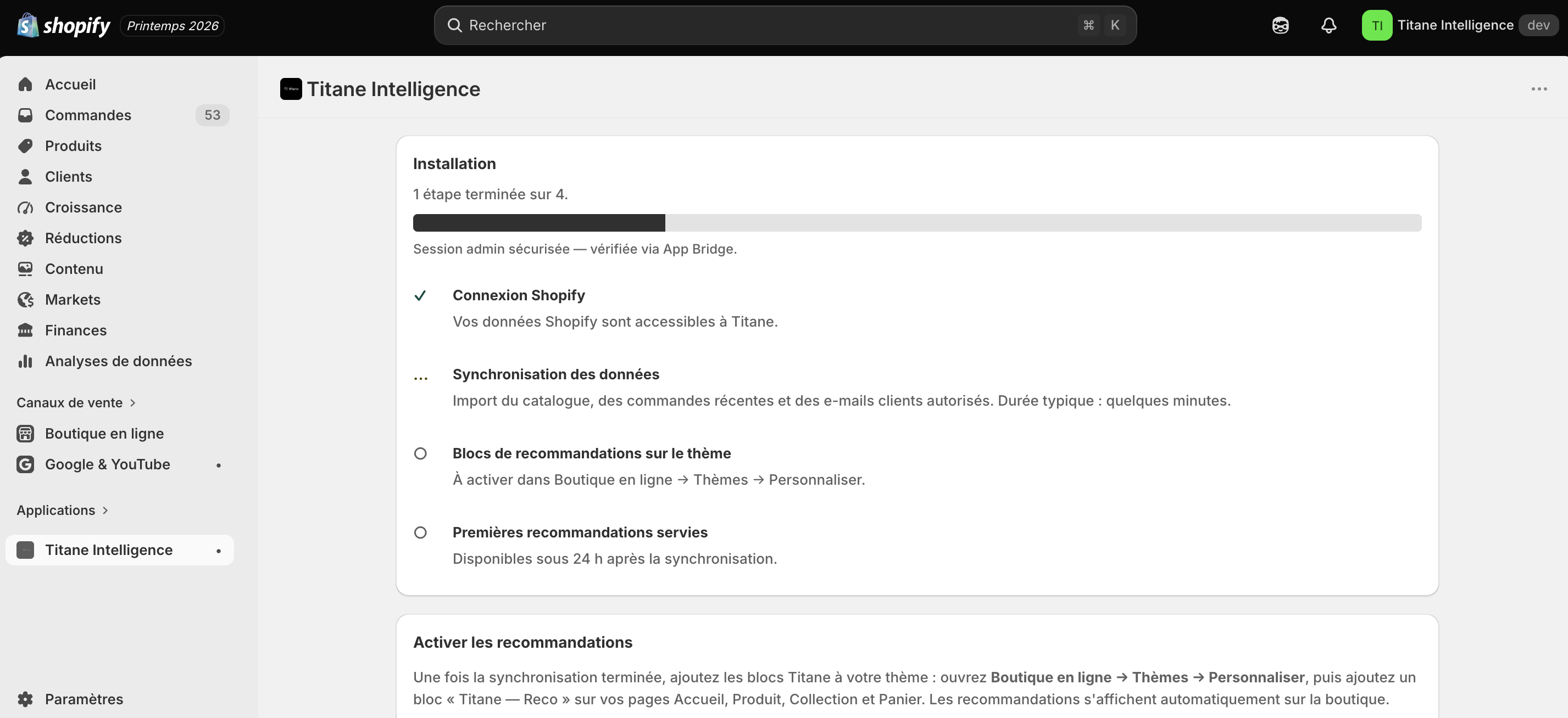 Écran d'installation de Titane dans l'admin Shopify