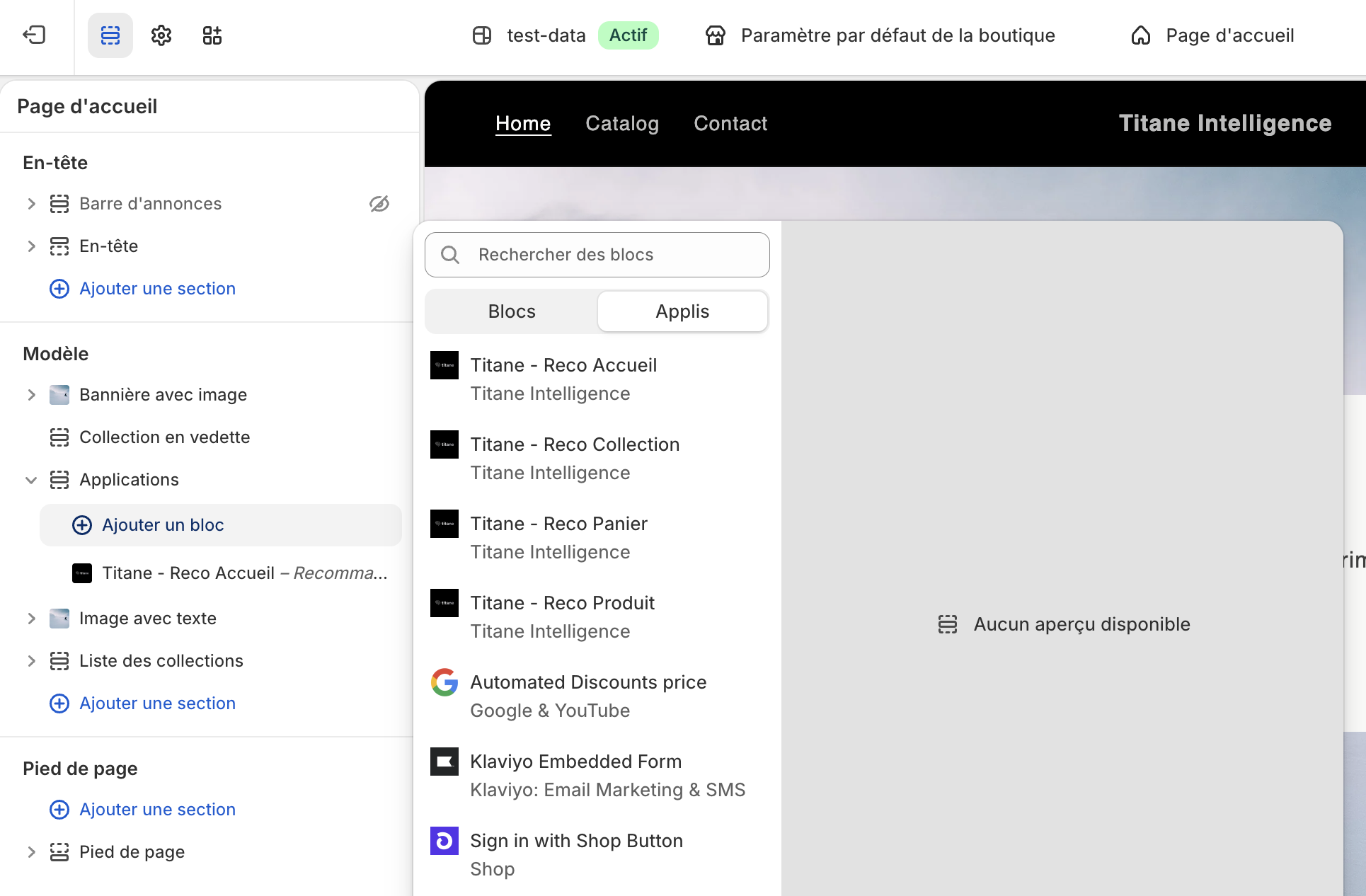 Les blocs Titane dans le sélecteur de blocs Shopify