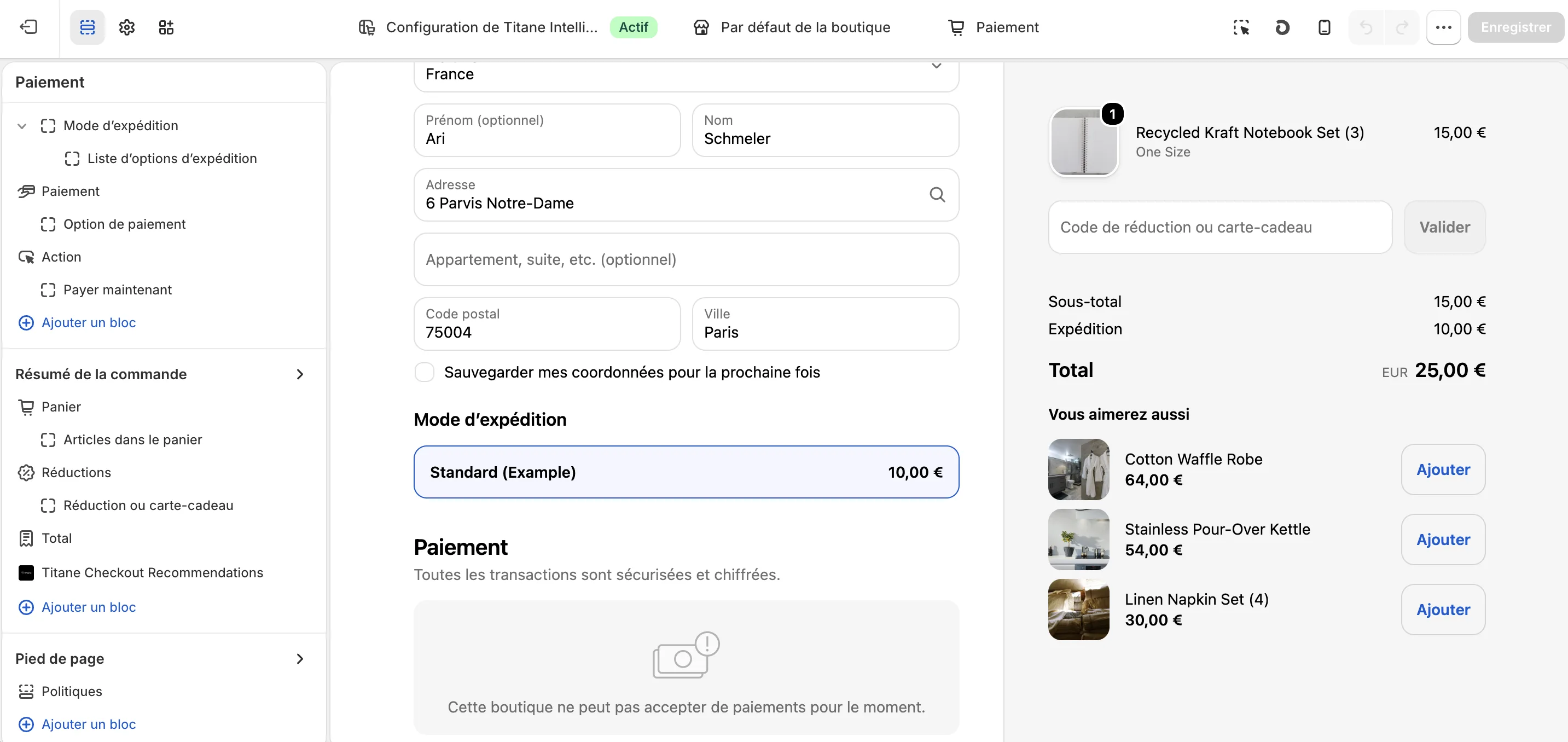 Bloc Titane Checkout Recommendations dans le checkout Shopify
