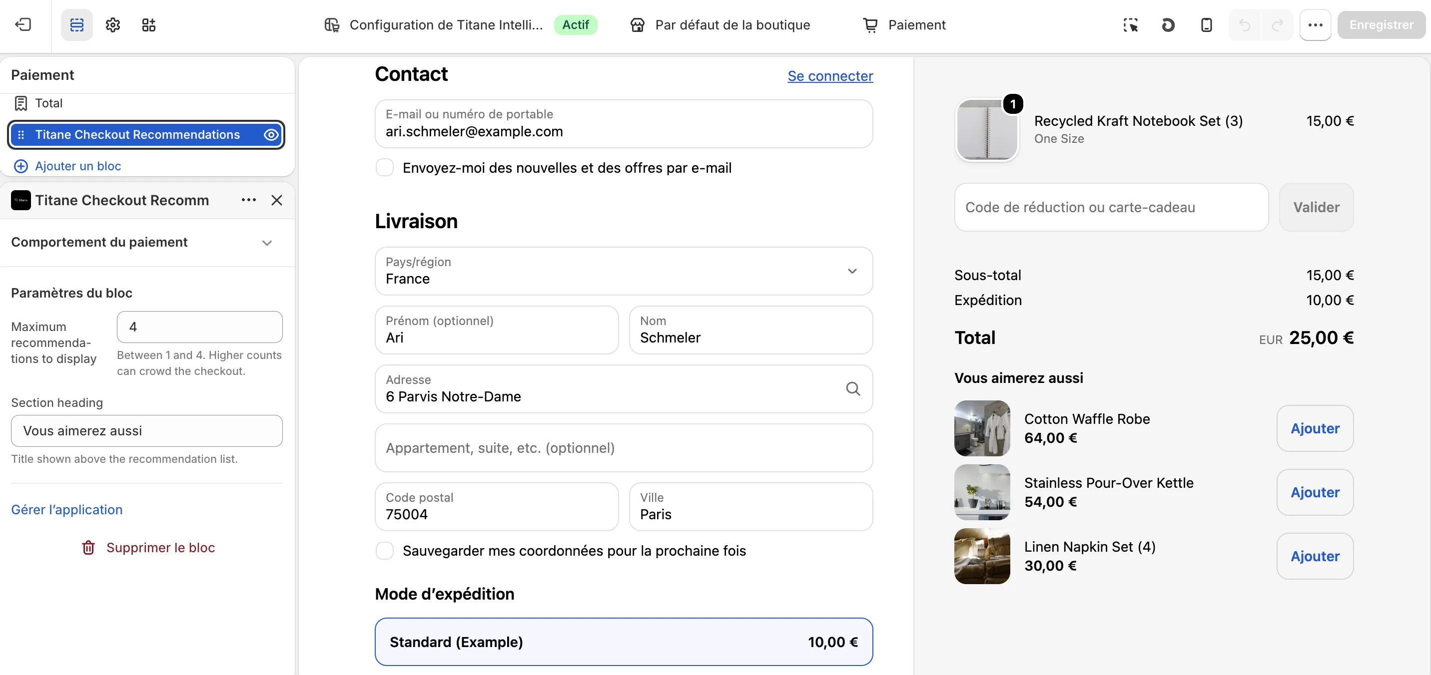 Réglages du bloc de recommandations checkout Shopify