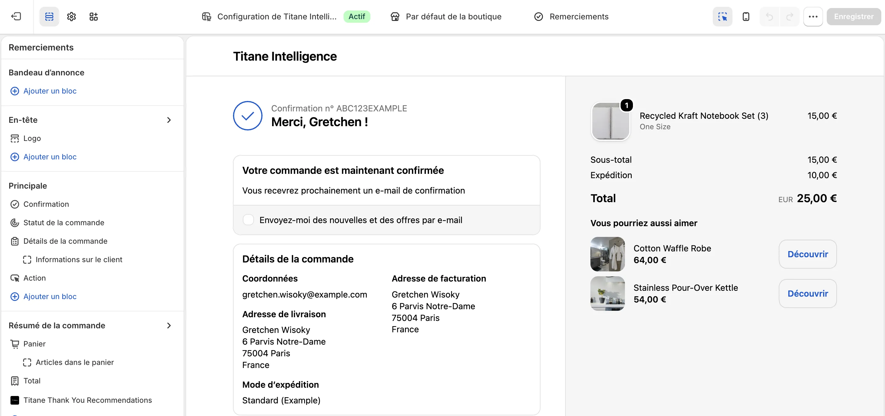 Bloc Titane sur la page de remerciement Shopify