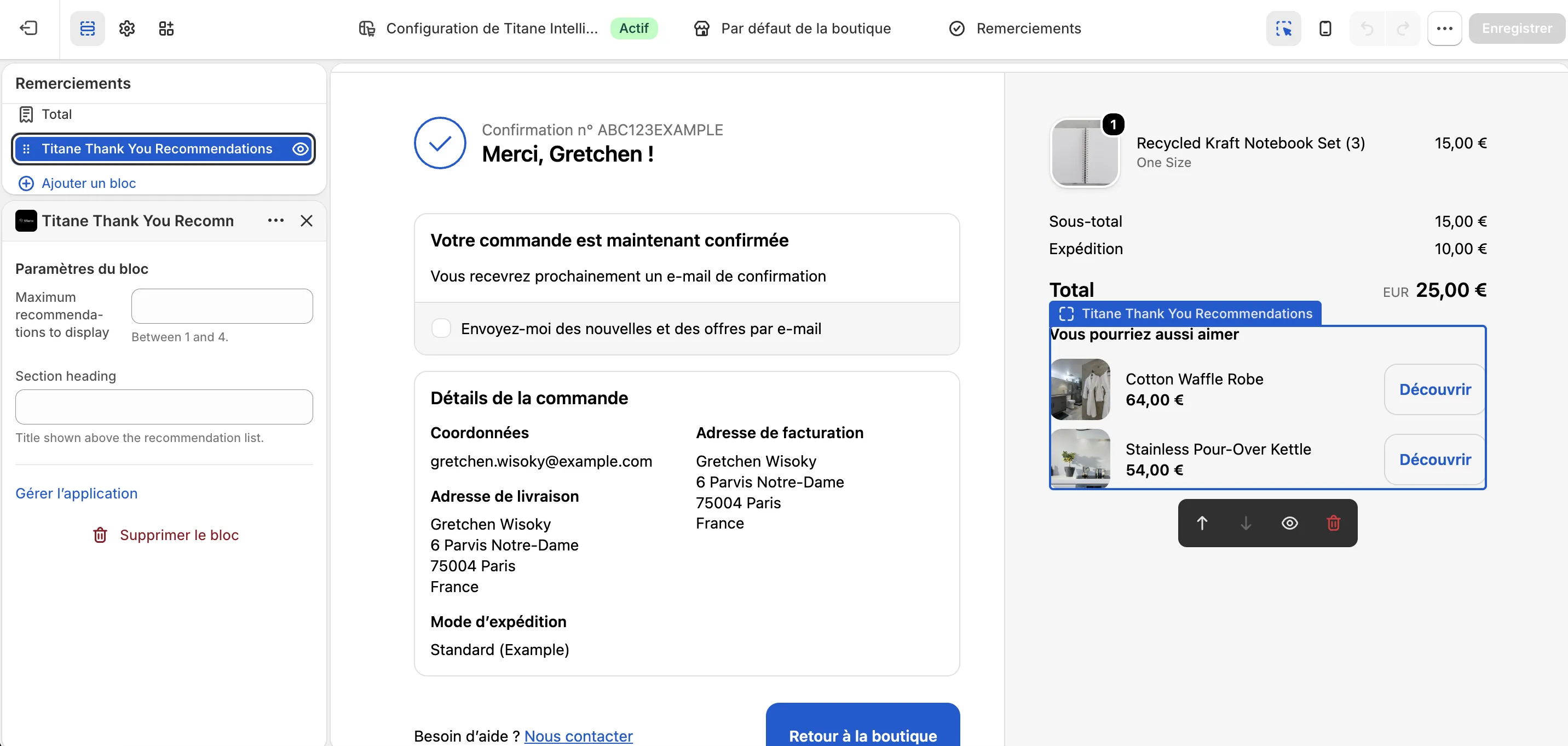 Réglages du bloc de remerciement Titane dans Shopify